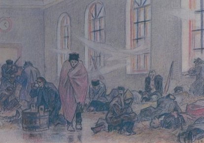Вокзал Жмеринки восени 1919 року. Малюнок Л.Перфецького