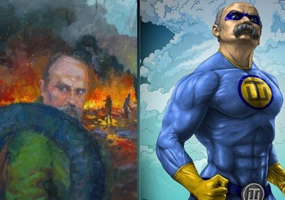 Осучаснений Шевченко в образі активіста Євромайдану (художник Юрій Шаповал) і Супермена (художник Андрій Єрмоленко)