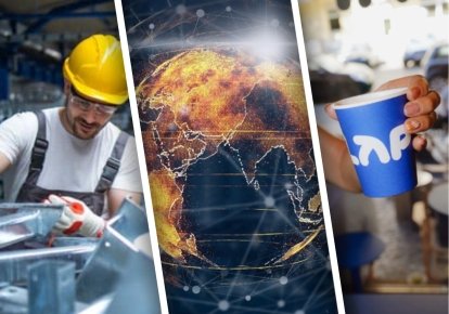 Работник на фабрике, глобальный тренд на электротехнологии, кофе Lap