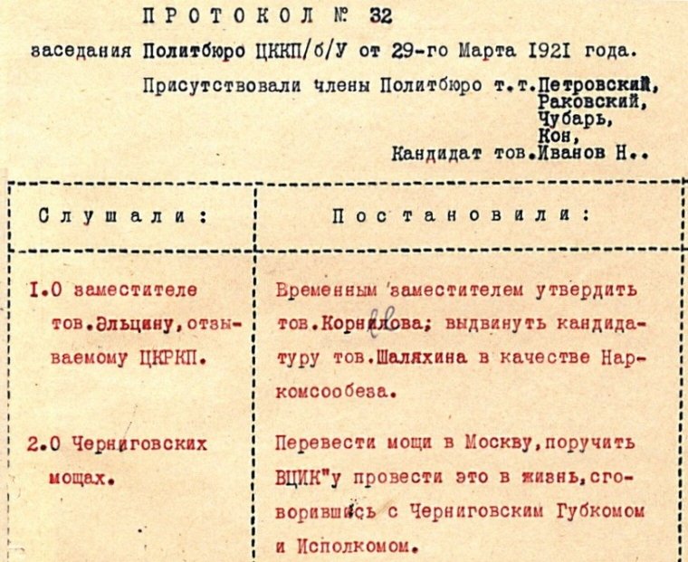Рішення Політбюро ЦККП(б)У про перевезення "чернігівських мощей" в Москву "у змові з Чернігівським Губкомом"