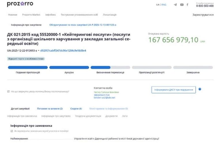 Тендер від Управління освіти Дарницької РДА на 167 мільйонів гривень