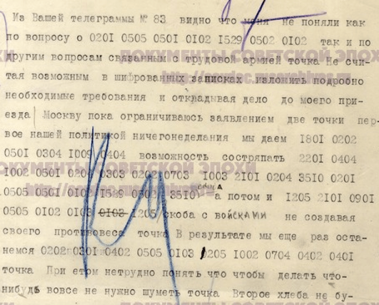 Фрагмент адресованої В.Леніну шифрованої записки Й. Сталіна від 16 лютого 1920-го, зміст якої наведено вище в тексті // З російського архіву