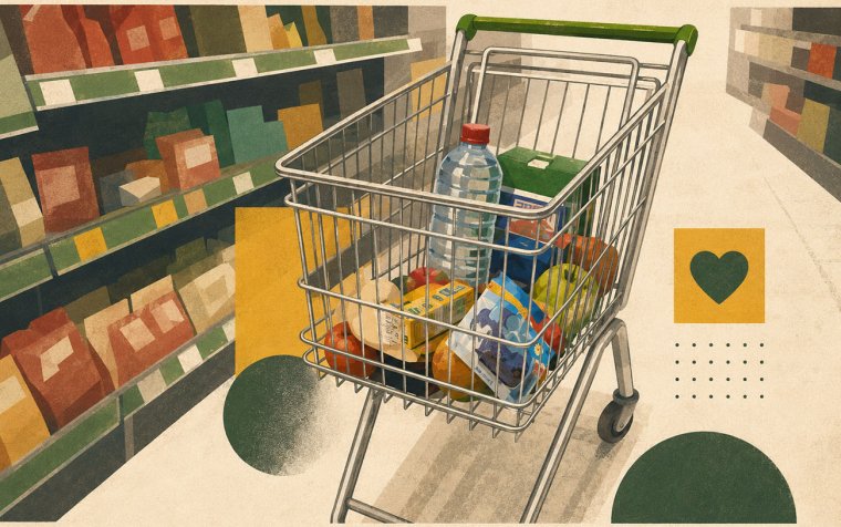 Тележка с продуктами в супермаркете