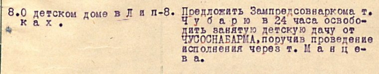 Уривок з протоколу засідання Політбюро ЦК КП(б)У 1 липня 1921 р. про дачу, зайняту Власом Чубарем