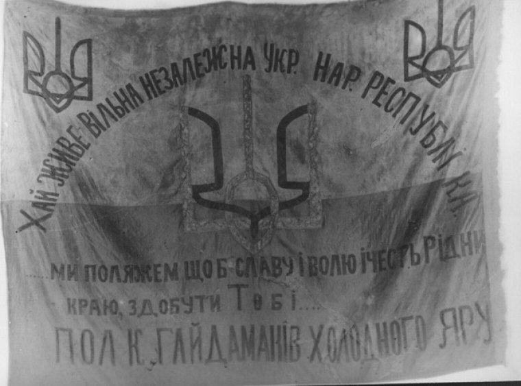 Сине-желтое знамя Полка Гайдамаков Холодного Яра, под которым они в 1919 г. воевали в рядах армии УНР