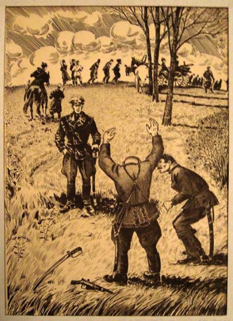 "Ліквідація банди Коцура". Автор — Микола Добролежа, 1980-ті рр., туш, картон