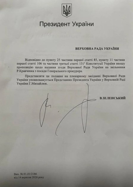 Представление Владимира Зеленского на увольнение Руслана Кравченко