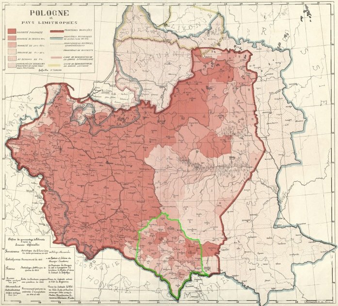 Карта Польщі 1919 р. Синім — кордон 1772 р., червоним — "лінія Дмовського", зеленим (рукою автора) — межі Східної Галичини