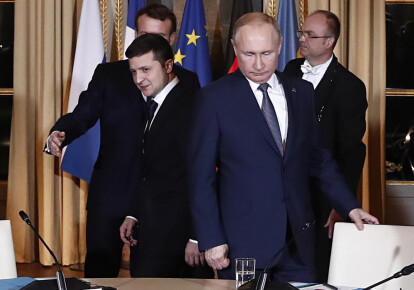 Владимир Зеленский и Владимир Путин во время саммита в Париже, 2019 г.