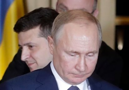 Володимир Зеленський та Володимир Путін на зустрічі в Парижі 9 грудня 2019 року