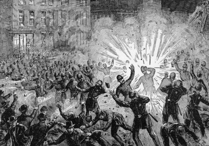 Иллюстрация из журнала 1886 года: взрыв на Хеймаркет-сквер