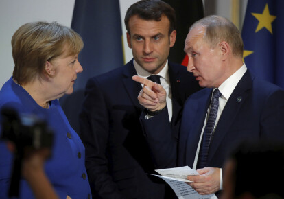 Ангела Меркель, Еммануель Макрон і Володимир Путін на саміті в нормандському форматі в Парижі, Франція, 10 грудня 2019 року