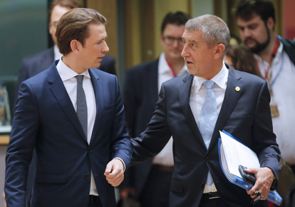 Канцлер Австрии Себастьян Курц и премьер-министр Чехии Андрей Бабиш во время саммита ЕС в Брюсселе, Бельгия, 2018 г.