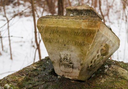 Гербы на части надгробия в Купине (Хмельницкая область)