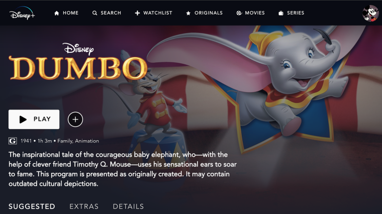 Скриншот прев’ю мультфільму про «Дамбо» на Disney