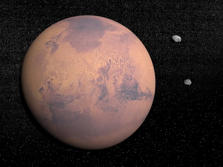 Марс и его спутники Фобос и Деймос