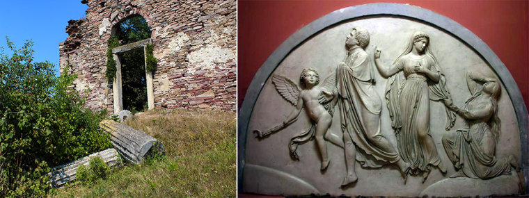 Развалины мавзолея и барельеф работы Торвальдсена (фото "Википедия")