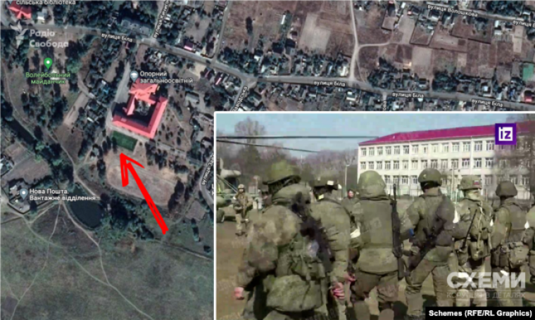 Если сравнить видео с картой, то можно увидеть, с какой стороны школы разместились военные РФ