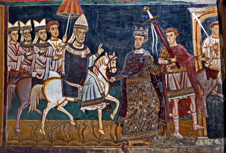 Император Константин ведет под уздцы коня, везущего Папу Сильвестра I. Фреска капеллы Сан-Сильвестро в базилике Четырех увенчанных святых, 1247 год. Монастырь Санти-Куаттро-Коронати, Рим, Италия