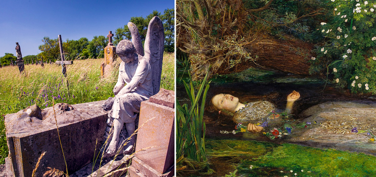 Надгробие утопленницы и фрагмент картинт "Офелия" Джона Милле