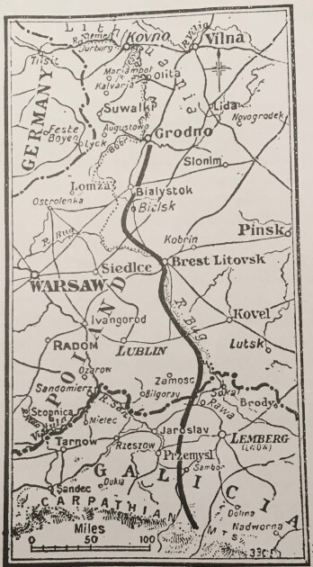 Ілюстрація з випуску лондонського видання Times за 15 липня 1920 р. Неофіційне і напевно найперше зображення "лінії Керзона" на карті