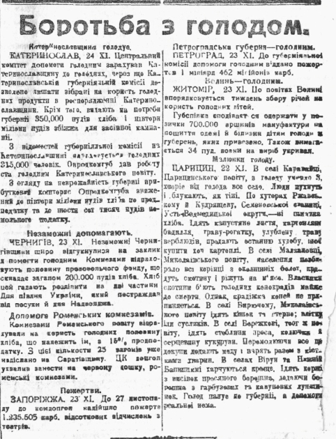 Рубрика "Боротьба з голодом", "Вісті ВУЦВК", 26 листопада 1921 року
