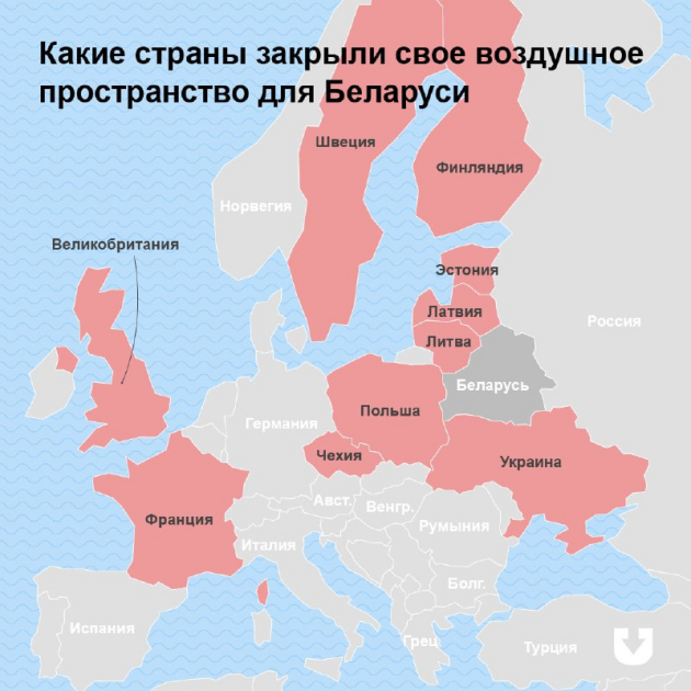 Карта стран, которые прекратили авиасообщение с Беларусью