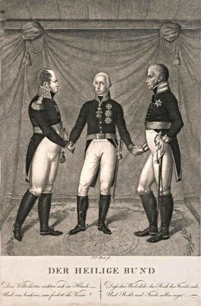 Заключение "Священного союза" между Россией, Пруссией и Австрией 26 сентября 1815 года, литография на меди, Иоганн Карл Бок