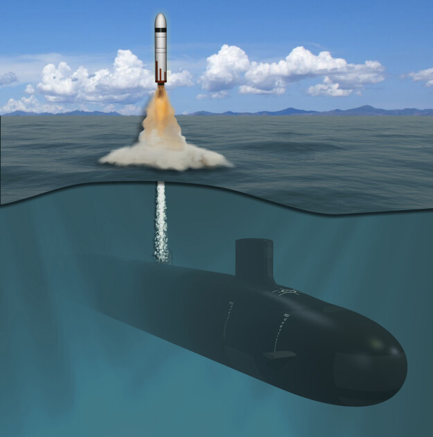 Подводная лодка класса Columbia, стреляющая баллистическими ракетами / художественная визуализация General Dynamics
