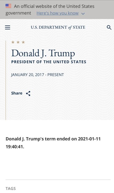 Скріншот сторінки з біографією Трампа на сайті Держдепу