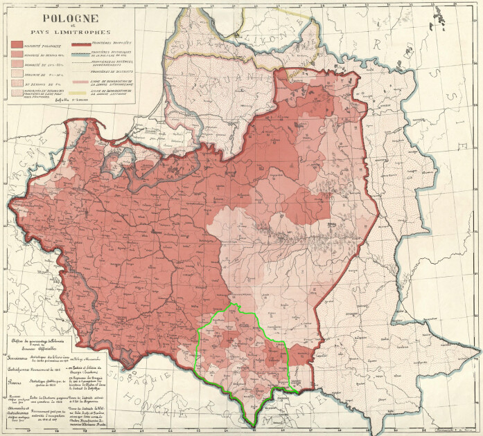 Карта Польщі 1919 р. Синім - кордон 1772 р., червоним - "лінія Дмовського", зеленим (рукою автора) - межі Східної Галичини