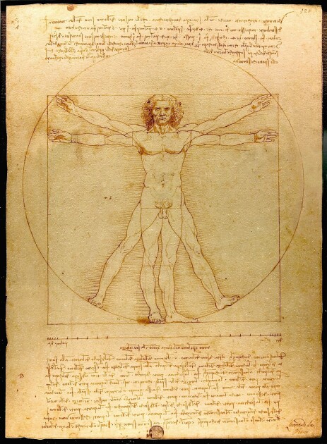 "Вітрувіанська людина". Леонардо да Вінчі, 1490 рік. Матеріал — сепія
